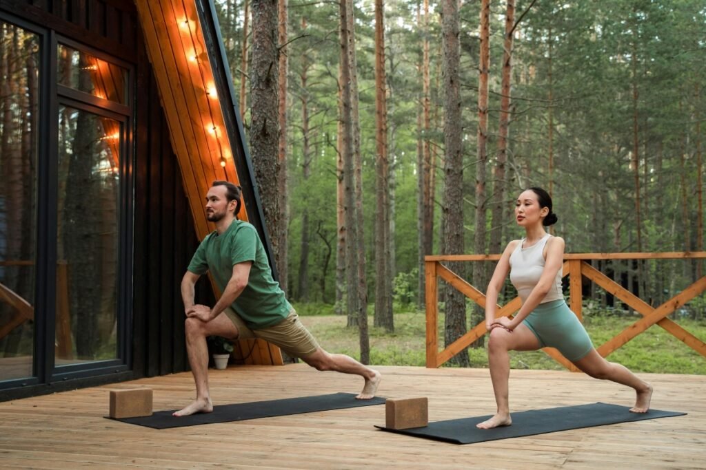 Childfree Quiet Luxury Travel: couple doing outdoor stretching and enjoying a peaceful getaway